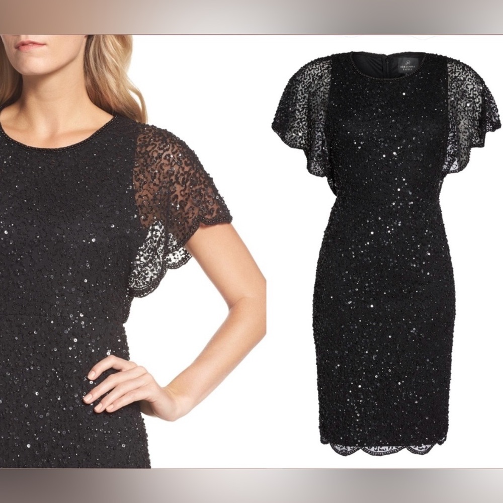 Adrianna Papell Black Sequin Lace Sleeve Cocktail Dress